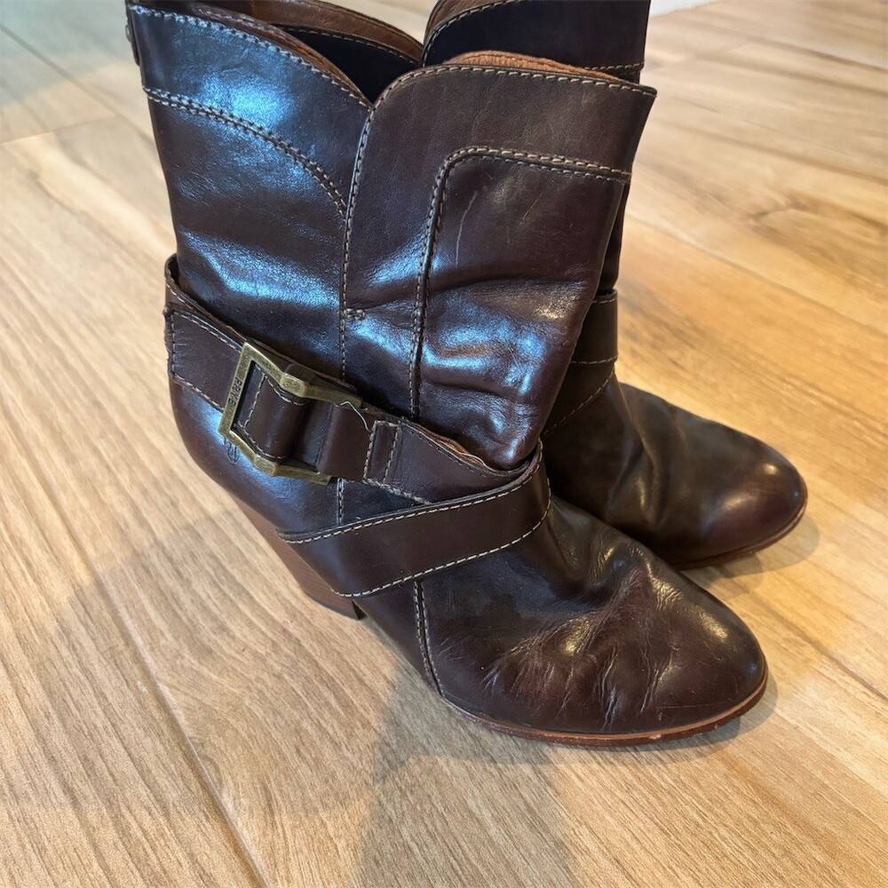 Frye Andrea Mid Harness Ankle Boots Womens 7.5M Brown Biker Slip On